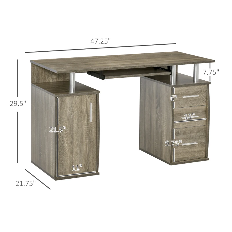 HOMCOM 47" Computer Desk with Keyboard Tray and Storage Drawers, Home Office Workstation Table with Storage Shelves, Grey Wood Grain