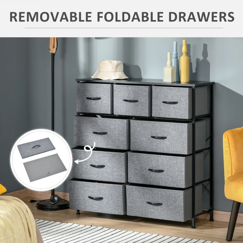 HOMCOM 9 Drawers Storage Chest Dresser Organizer Unit w/ Steel Frame, Wood Top, Easy Pull Fabric Bins, for Hallway, Closet, Entryway, Black & Gray
