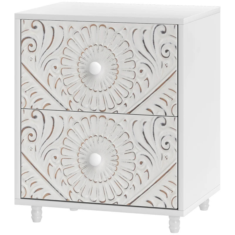 HOMCOM Mid-Century Bedside Table, Nightstand with 2 Drawers, Side End Table for Bedroom, White