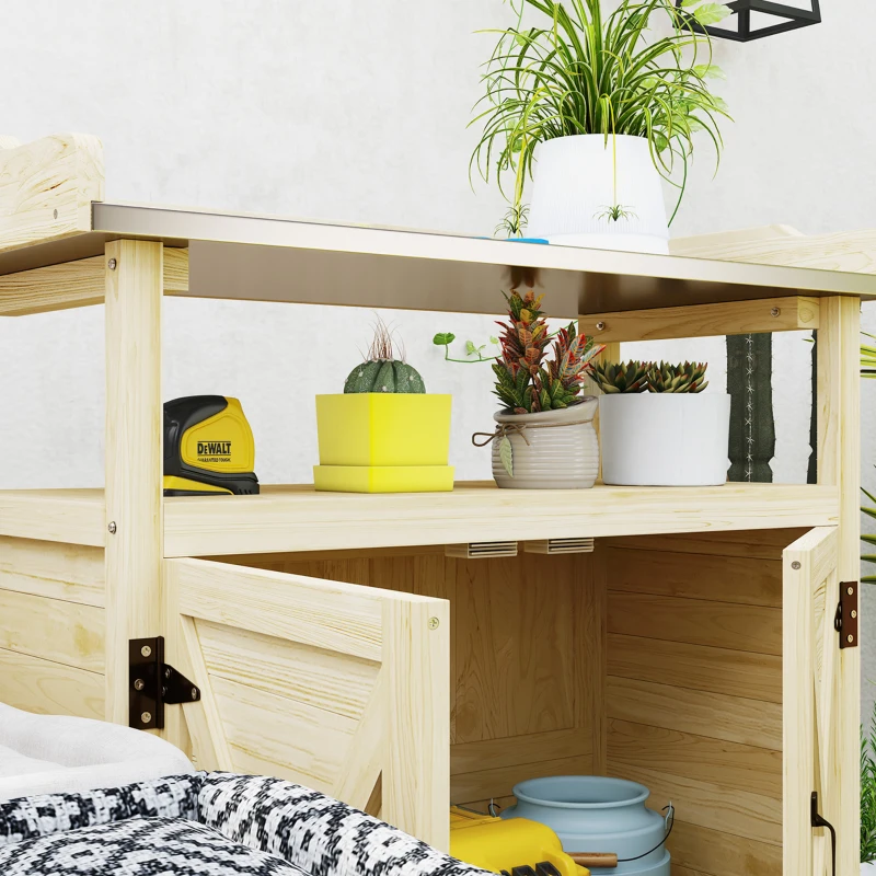 Outsunny Outdoor Wooden Potting Bench with Storage Cabinet, Aluminum Tabletop, Rubber Wheels for Backyard, Patio, Natural Wood