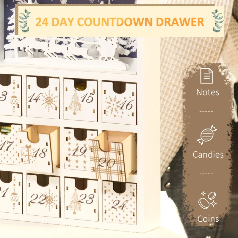 HOMCOM Wooden Christmas Advent Calendar Book, Table Holiday Decoration with 24 Countdown Drawers, for Kids and Adults, White