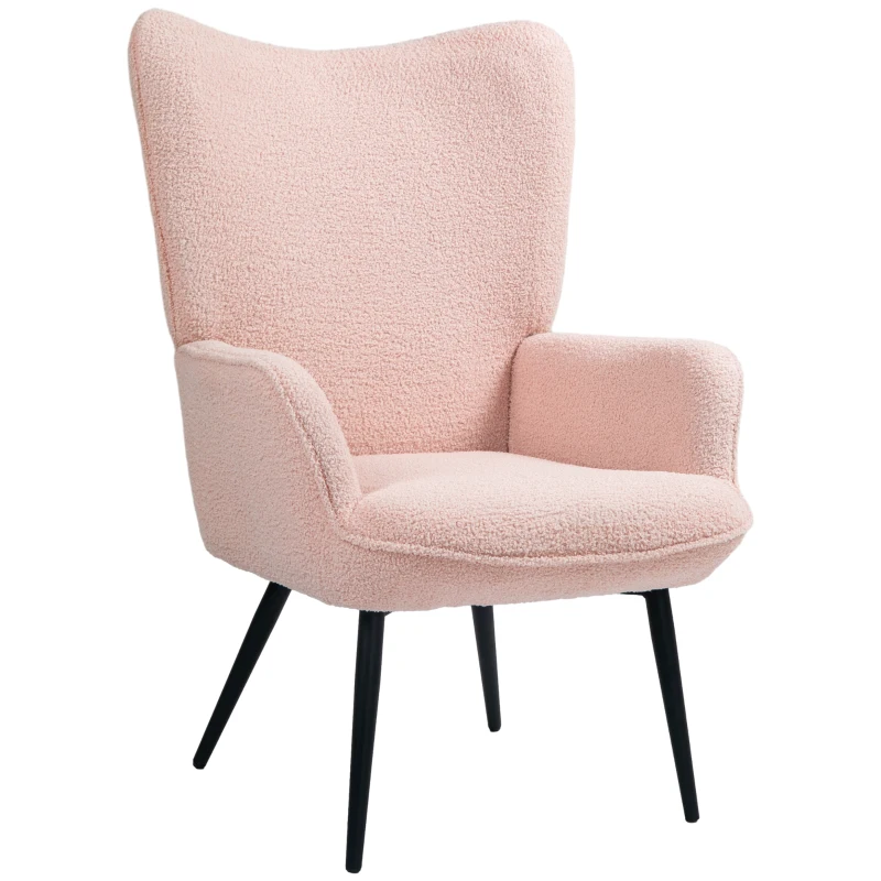 HOMCOM Accent Sherpa Chair, Upholstered Armchair, Fluffy Wingback Chair for Living Room, Reading Room, Pink