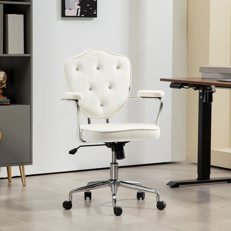 HOMCOM Cute Office Chair, Desk Chair with Button Tufted Velvet-Feel Fabric, Swivel Computer Vanity Chair, Cream White
