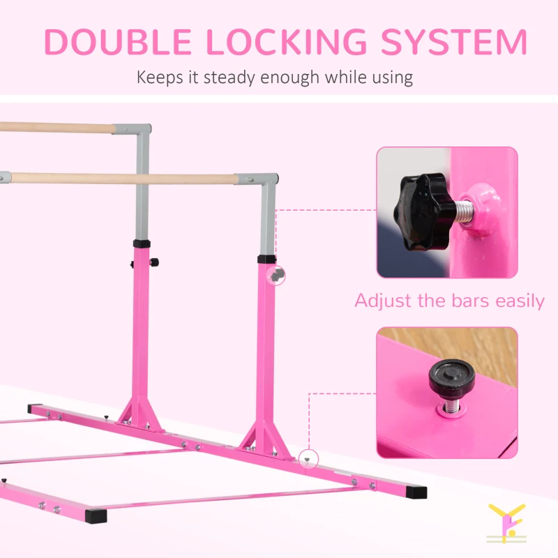 Qaba Double Horizontal Bars, Junior Gymnastic Training Parallel Bars with Double-locking System 13-level 36"-59" Adjustable Heights, 6-level Adjustable Width for Indoor Outdoor, Pink