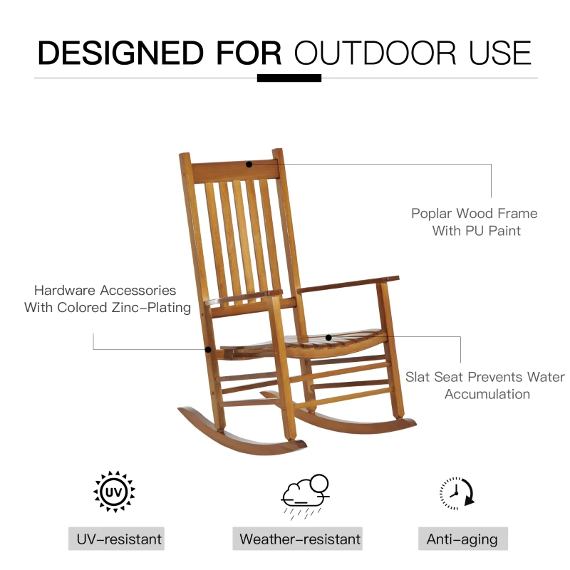 Outsunny Outdoor Rocking Chair, Patio Rocking Chair with Smooth Curves, High Density Wooden Rockers for Lawn Garden Porch, Supports Up to 350lbs, Natural