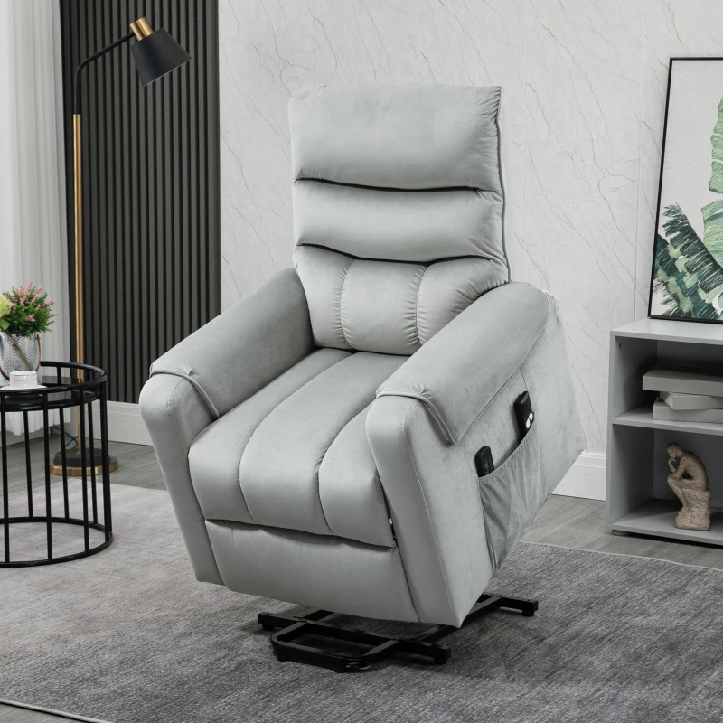 HOMCOM Power Lift Chair, Velvet Touch Upholstered Recliner Chair for Elderly with Vibration Massage, Remote Control, Side Pockets, Grey