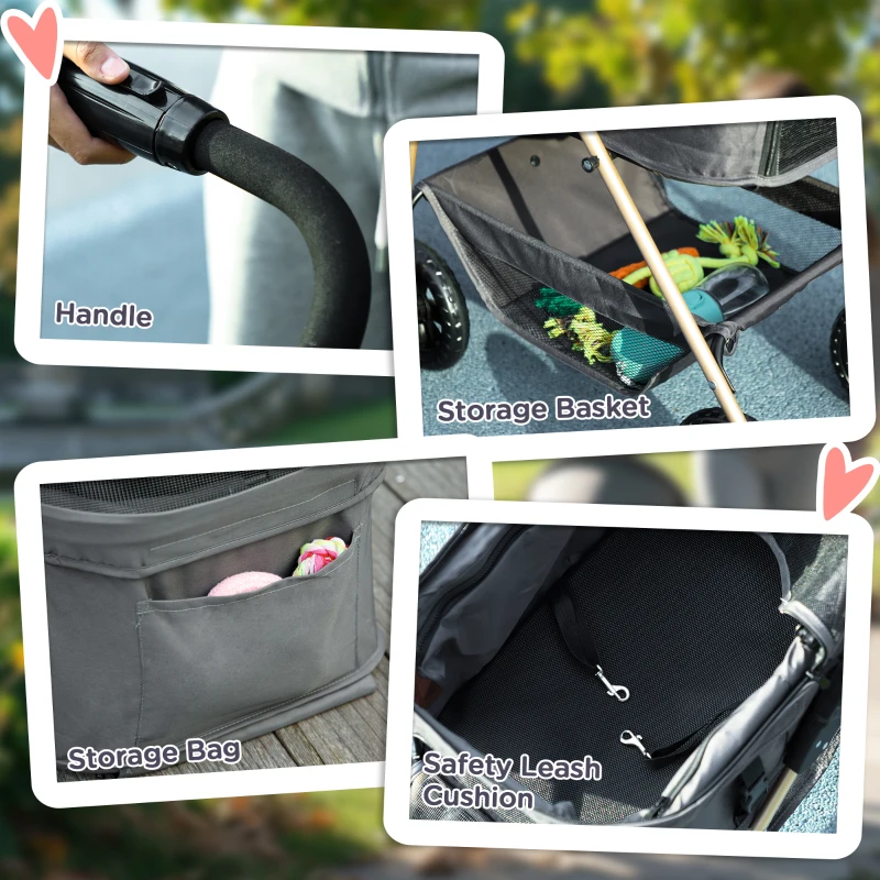 PawHut 3 in 1 Pet Stroller with Detachable Carrier, Foldable Dog Stroller with Storage Basket, Cupholder, for Mini Dogs, Gray