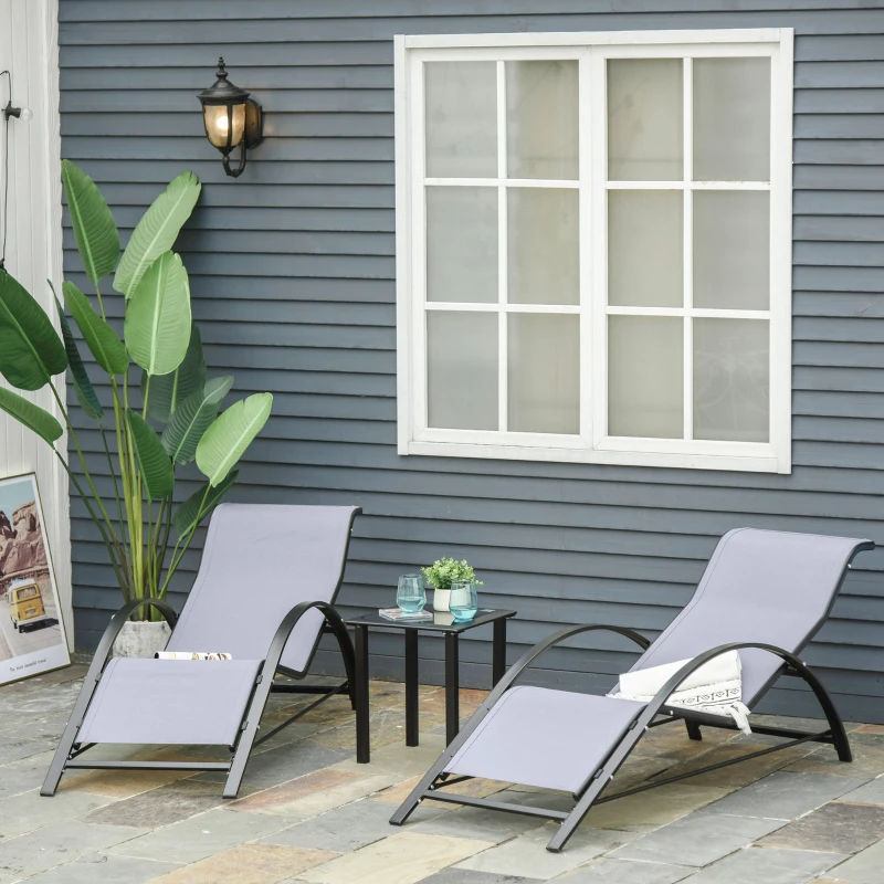 Outsunny 3 Pieces Outdoor Lounge Chair Set, 2 S-Shaped Lawn Chairs and a Glass Table for Patio, Yard, Light Grey