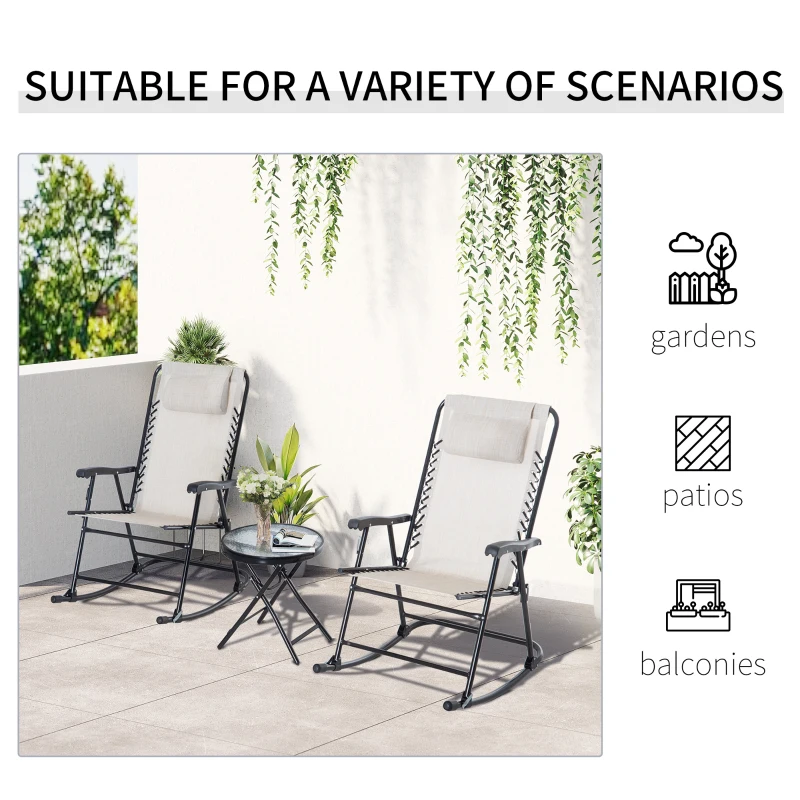 Outsunny 3pc Patio Rocking Chair Set, Folding Outdoor Rocking Chairs and Table Bistro Set w/ Breathable Mesh Seat & Backrest, Headrest for Park, Backyard, Garden, Cream White