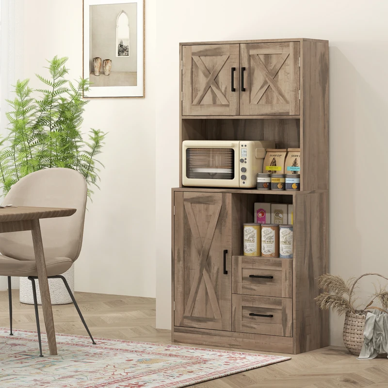 HOMCOM 60" Kitchen Pantry Storage Cabinet, Farmhouse Kitchen Hutch w/ Microwave Oven Countertop, Adjustable Shelves, Gray Wash