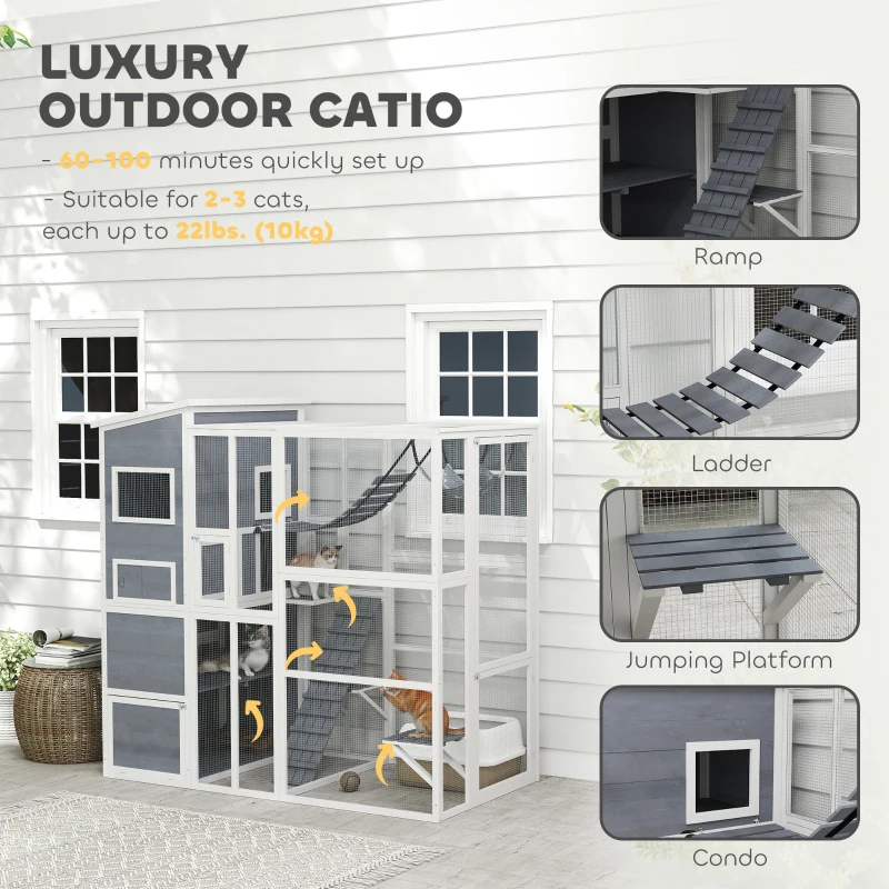 PawHut Large Wooden Catio Outdoor, Cat Enclosure w/ 4 Tier Resting Rooms, 3 Platforms, 1 Soft Ladder, 2 Ramps, 1 Hammock, Gray
