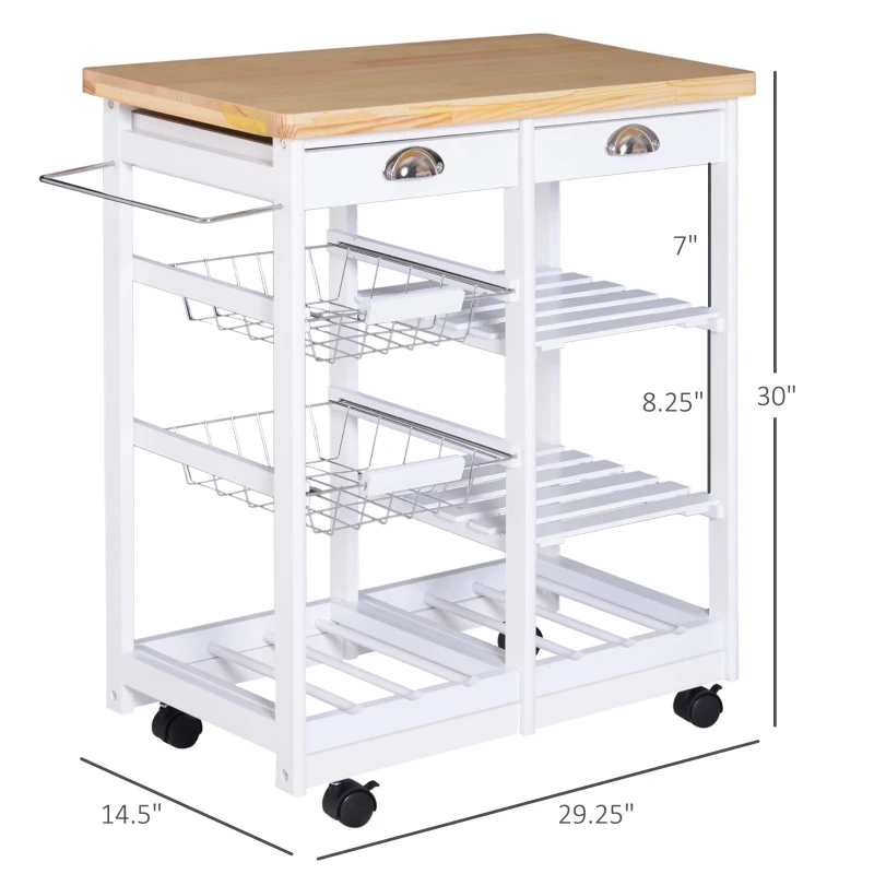 HOMCOM Rolling Kitchen Island Trolley Serving Cart Wheeled Storage Cabinet w/ Basket Shelves and Drawers White