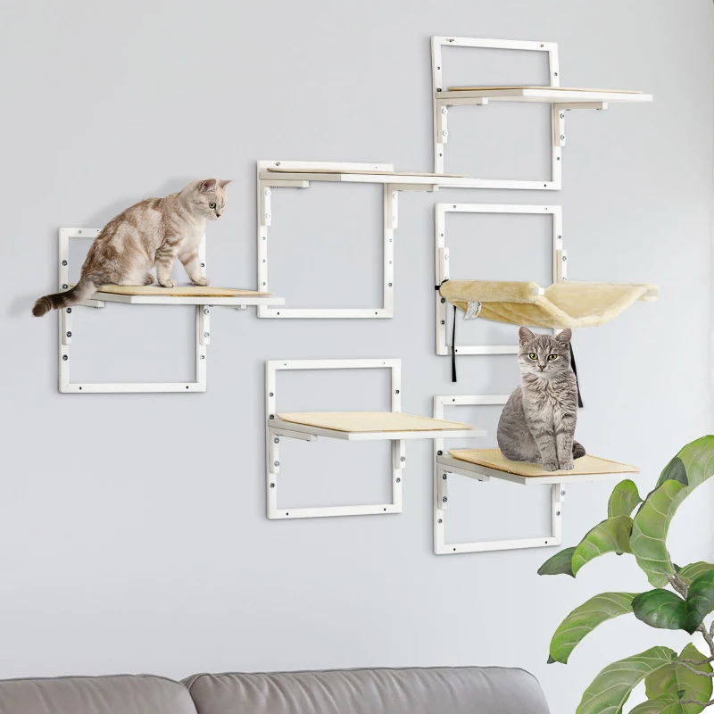 PawHut Cat Shelves for Indoor Cats, 6Pc Modern Cat Wall Furniture with Adjustable Height Jumping Platforms & Hammock, Cream White