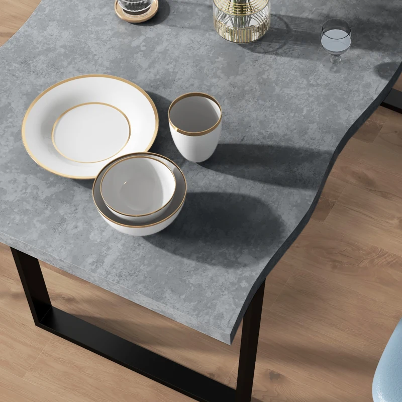 HOMCOM 63" Kitchen Table, Industrial Dining Table with Wave-edged Tabletop and Steel Legs for Up to 6 People, Cement Grey