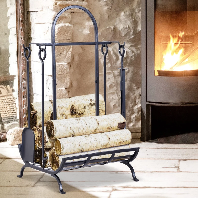 Outsunny Indoor Outdoor Firewood Rack with 4 Tools, elevated base Steel Power Coated Construction Fire Wood Storage Stacking Set, Black