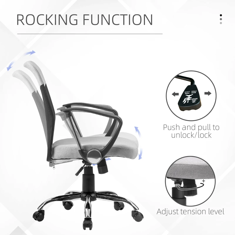 Vinsetto Mid Back Office Chair, Linen-feel Mesh Computer Desk Chair with Lumbar Back Support, Arm, Adjustable Height, Grey