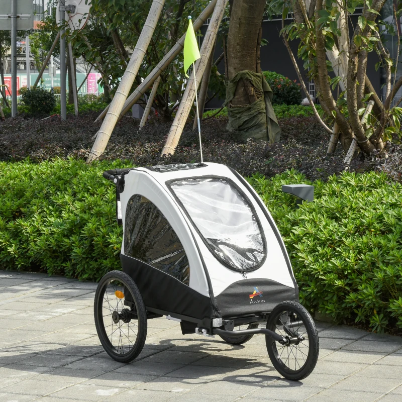 Aosom 3 In1 Baby Bike Trailer for 2 Kids, Foldable Double Jogger Stroller, 2-Seater Stroller with Shock Absorber System, Rubber Tires, Adjustable Handlebar Brake, Storage Bag,White