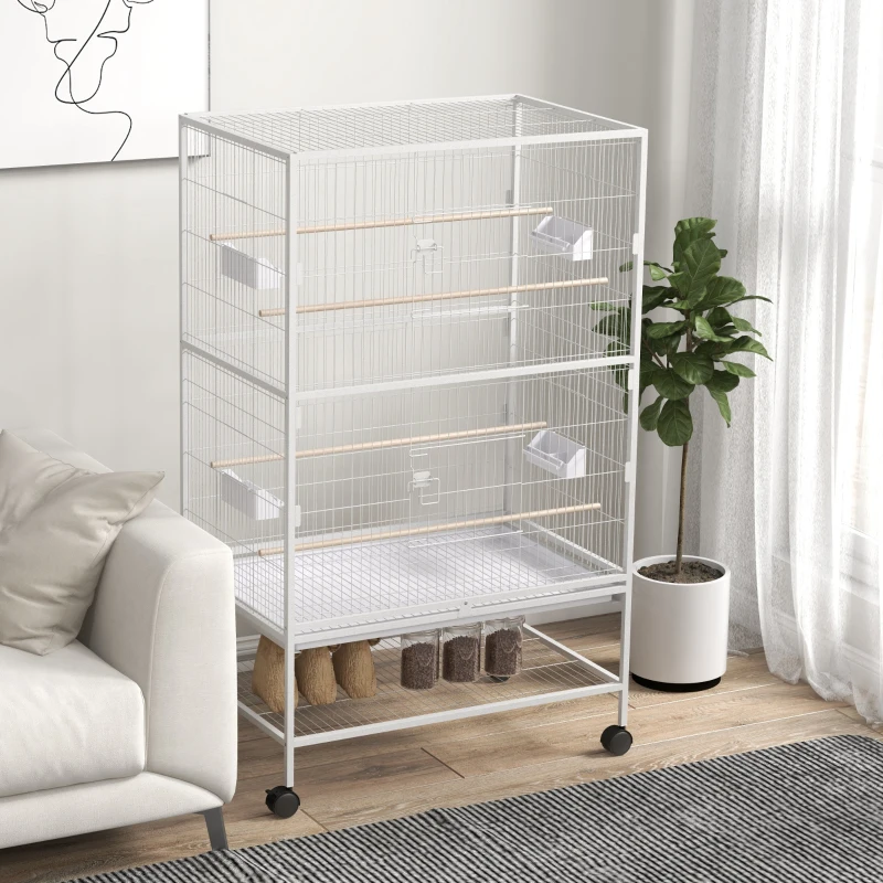 PawHut 52" Large Rolling Steel Bird Cage Bird House with Rolling Stand, Storage Shelf, Wood Perch, Food Container, Grey