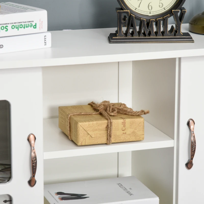 HOMCOM Modern Kitchen Sideboard with 2 Drawers, Coffee Bar Cabinet with Glass Doors Storage Cupboard and Open Shelf, White