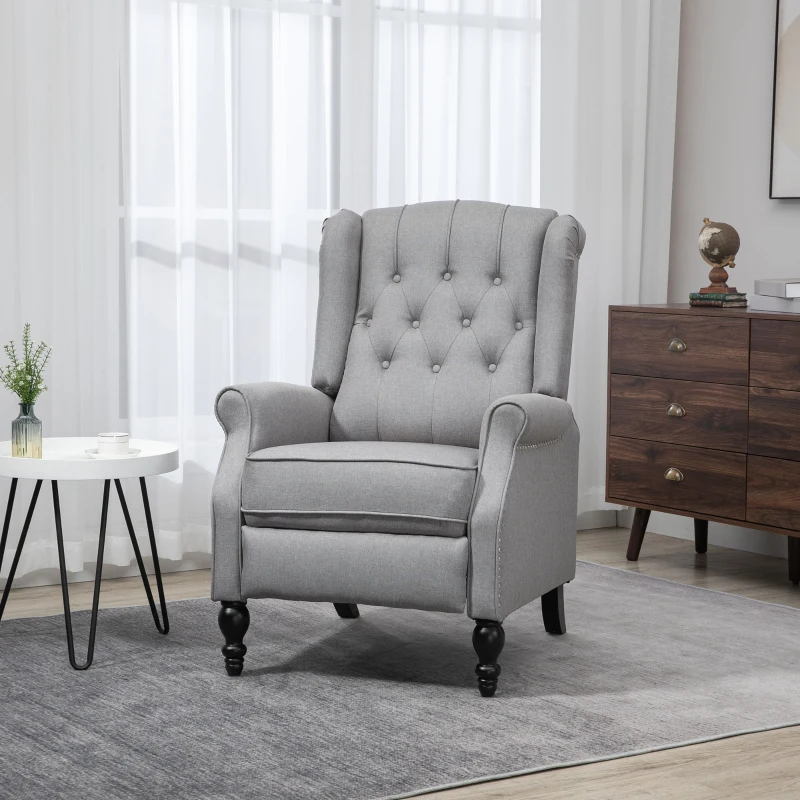HOMCOM Wingback Reclining Chair with Footrest, Button Tufted Recliner Chair with Rolled Armrests for Living Room, Light Grey