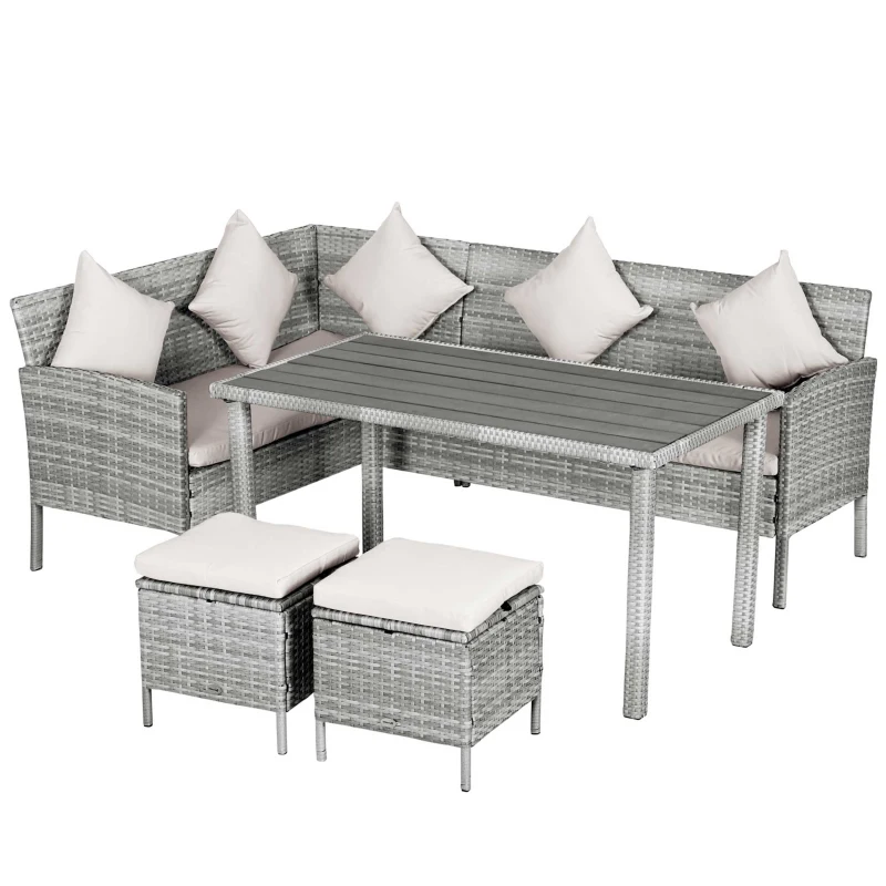 Outsunny 5 Pieces Wicker Patio Conversation Dining Furniture Set with Cushions, Table and Ottomans, Beige