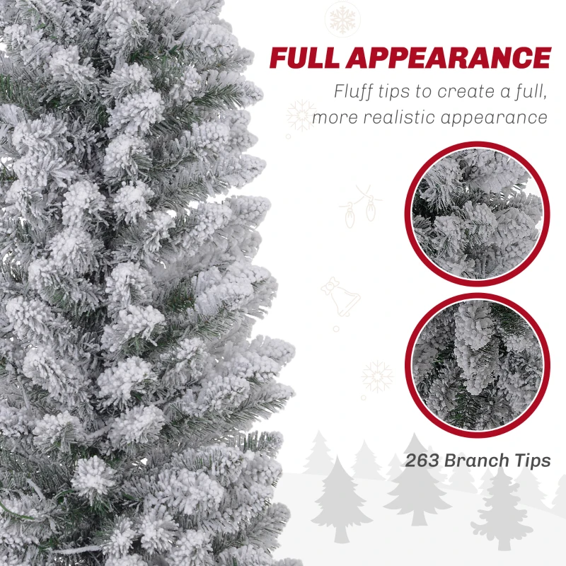 HOMCOM 5ft Artificial Prelit Christmas Tree with Warm White LED Light, Snow Flocked Branches, Metal Base, Pencil Xmas Tree