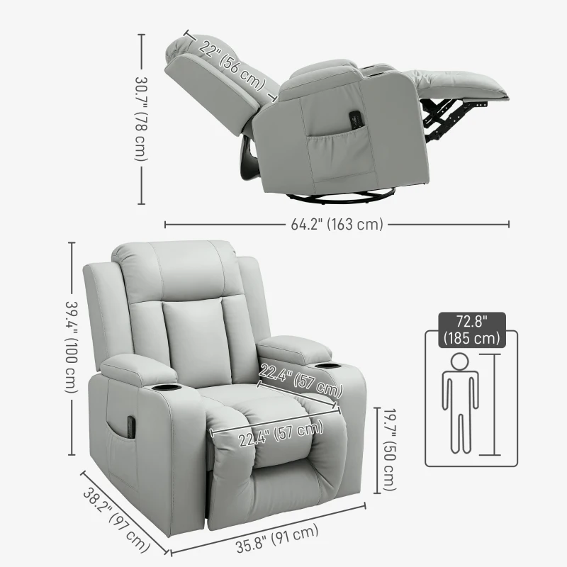 HOMCOM Recliner Chair with 8 Vibration, Overstuffed PU Leather Reclining Chair with Wide Seat, Cup Holders, Rocking, Light Grey
