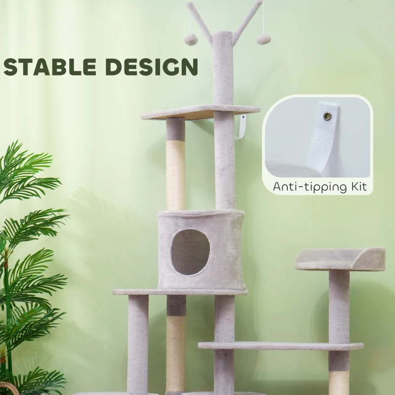 PawHut 73.5" Cat Tree Tower with Scratching Posts, Condos, Bed, Multi-Level Platforms, Toy Balls, for Indoor Cats, Light Grey