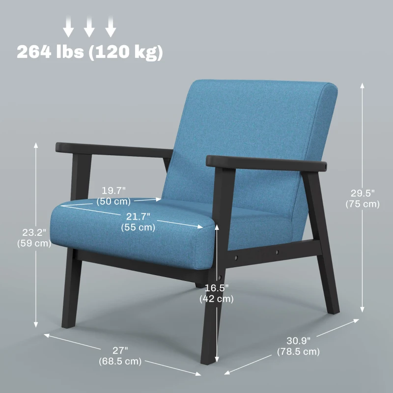 HOMCOM Mid-Century Modern Accent Chair Retro Fabric Armchair Wooden Arm Upholstered Lounge Chair for Living Room Blue