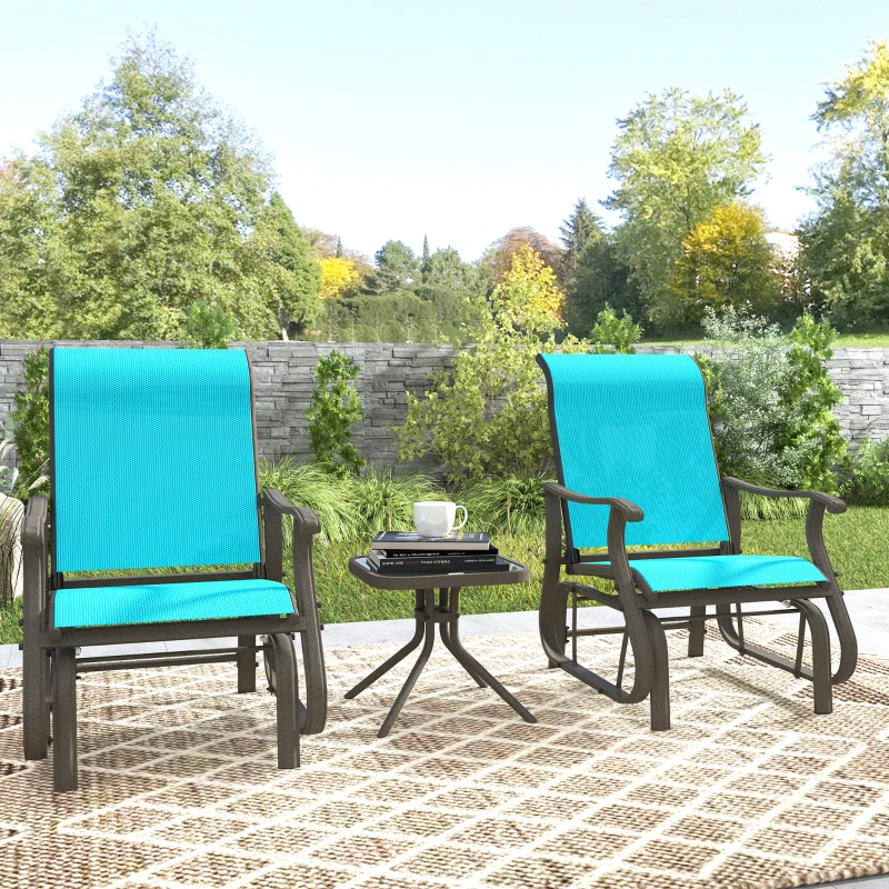 Outsunny 3-Piece Outdoor Gliders Set Bistro Set with Steel Frame, Tempered Glass Top Table for Patio, Garden, Bright Blue(m-10)
