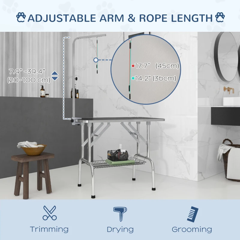 PawHut Foldable Grooming Table for Dogs with Height Adjustable Grooming Arm, Storage Shelf, Black