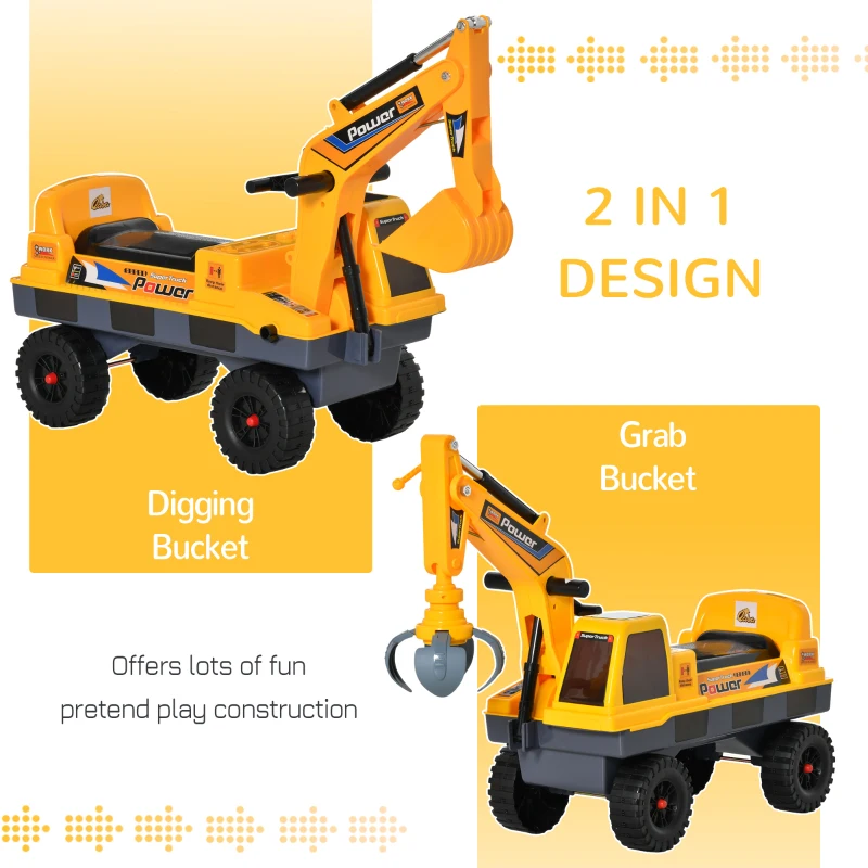 Qaba No Power Ride On Excavator Construction Digger Multi-Functional Truck Toy with 2 in 1 Design Detachable Digging Bucket and Grab Bucket, Music, Light, Yellow