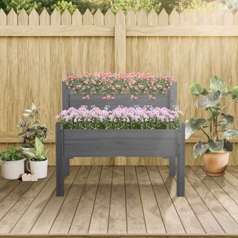 Outsunny 34"x34"x28" Raised Garden Bed 2-Tier Wooden Planter Box for Backyard, Patio to Grow Vegetables, Herbs and Flowers, Gray