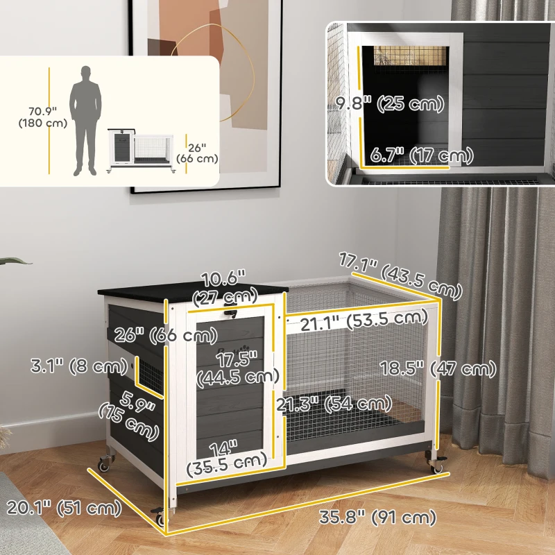 PawHut Wooden Rabbit Hutch with Pull-Out Tray, Asphalt Openable Roof, Small Animal Cage on Wheels with Run, Grey