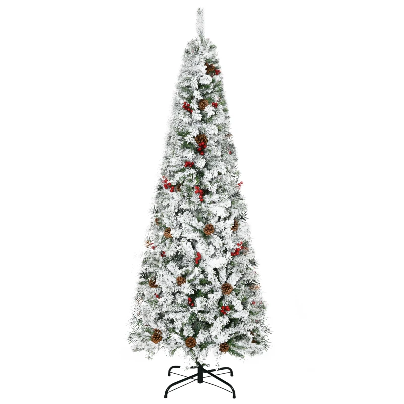 HOMCOM 6' Pencil Snow Flocked Artificial Christmas Tree with 600 Pine Realistic Branches, Pine Cones, Red Berries, Auto Open, Green