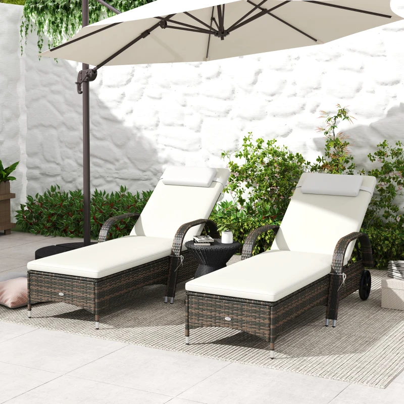 Outsunny 2 Reclining Chaise Lounge Chairs, Rolling Outdoor Chairs with Cushion, Pillow, Headrest, Armrests, and Wheels, Cream