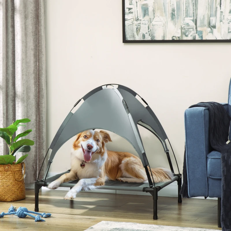 PawHut Elevated Dog Bed with Removable Canopy, Outdoor Dog Cot with UV Protection Canopy Shade, 30 inch Pet Bed for Camping, Gray