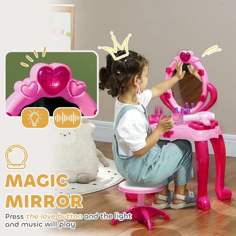 Qaba Kids Vanity Set with Mirror and Stool, Light and Sound, 15 Accessories, Pink
