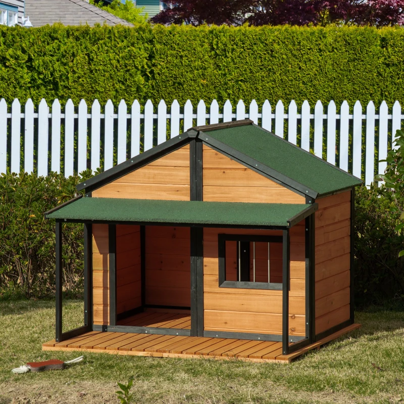 PawHut Outdoor Dog House Cabin Style, Wooden Raised Pet Kennel with Asphalt Roof, Front Door, Side Window, Porch for Medium and Large Dogs, Gray