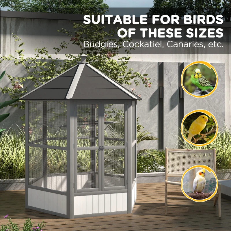 PawHut 69" Wooden Hexagonal Outdoor Aviary Flight Bird Cage With Covered Roof, Light Gray(m-5)