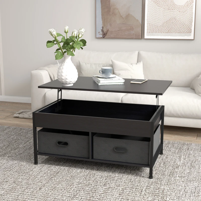 HOMCOM Industrial Coffee Table, Lift Top Coffee Table with Storage, Live Edge Coffee Table with Open Shelves and Fabric Boxes