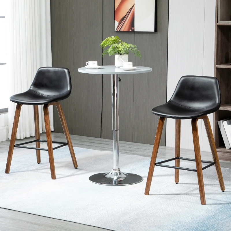 HOMCOM Counter Height Bar stools Set of 2 Mid-Back PU Leather Bar Chairs with Wood Legs, Black