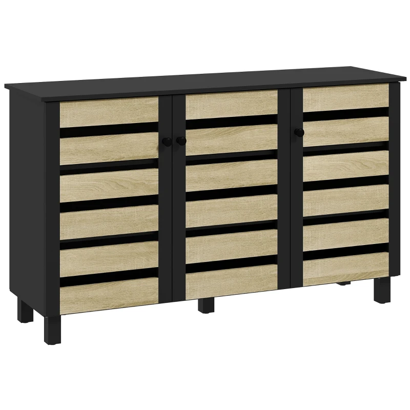 HOMCOM Shoe Cabinet with 3 Slatted Doors, 3-tier Shelving Rack Cabinet with Adjustable Shelves for 15 Pairs of Shoes, Black