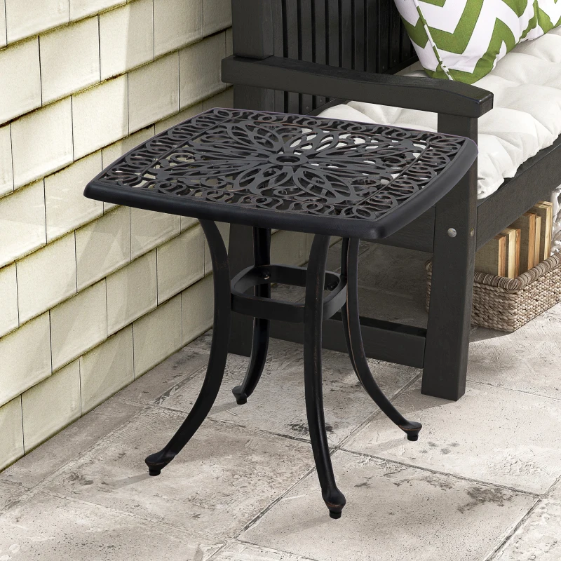 Outsunny 21" Square Outdoor End Table, Cast Aluminum Patio Side Table with Umbrella Hole for Garden, Balcony, Poolside, Bronze
