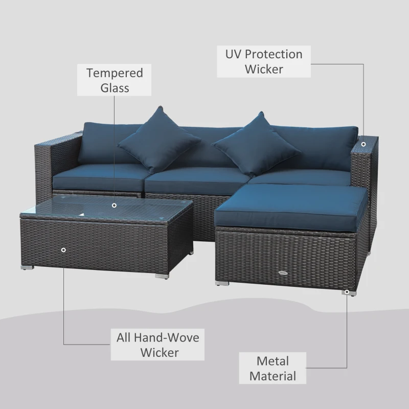 Outsunny 5-Piece Patio Furniture Set with Cushions, Outdoor PE Rattan Wicker Sofa Set, Sectional Furniture with Pillows, Glass Coffee Table for Garden, Backyard, Coffee/Blue