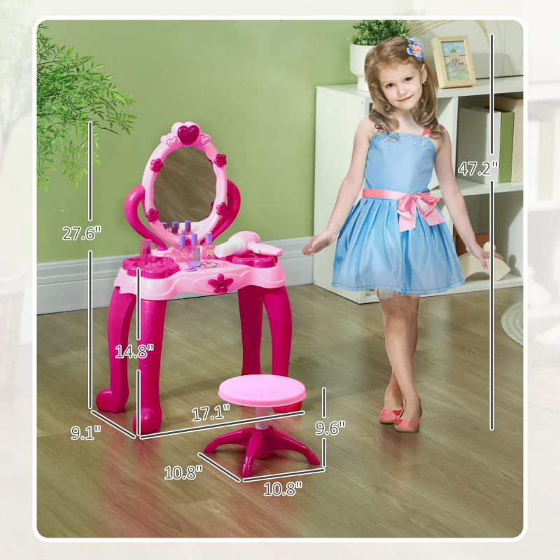 Qaba Kids Vanity Set with Mirror and Stool, Light and Sound, 15 Accessories, Pink