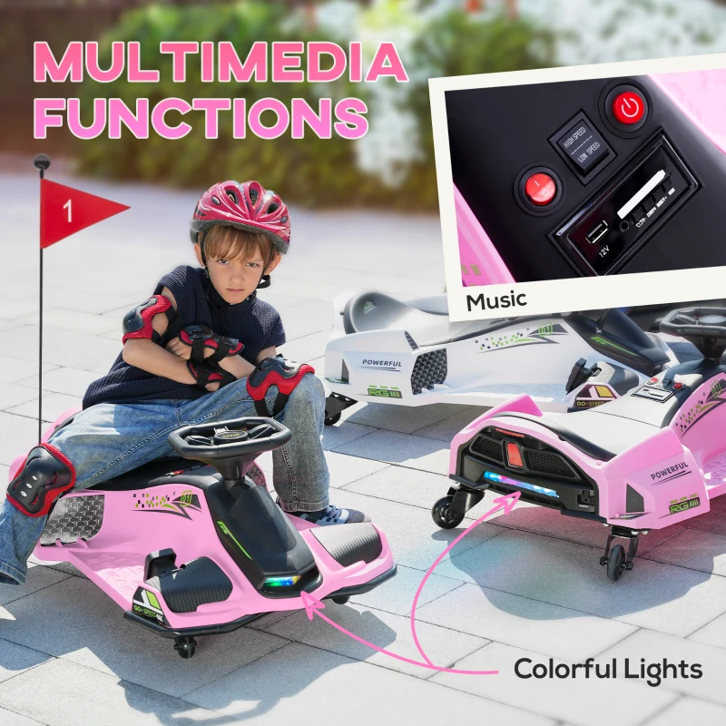 Aosom 12V Electric Drifting Go Kart w/ Slow Start, Music, Lights, Pink(m-5)