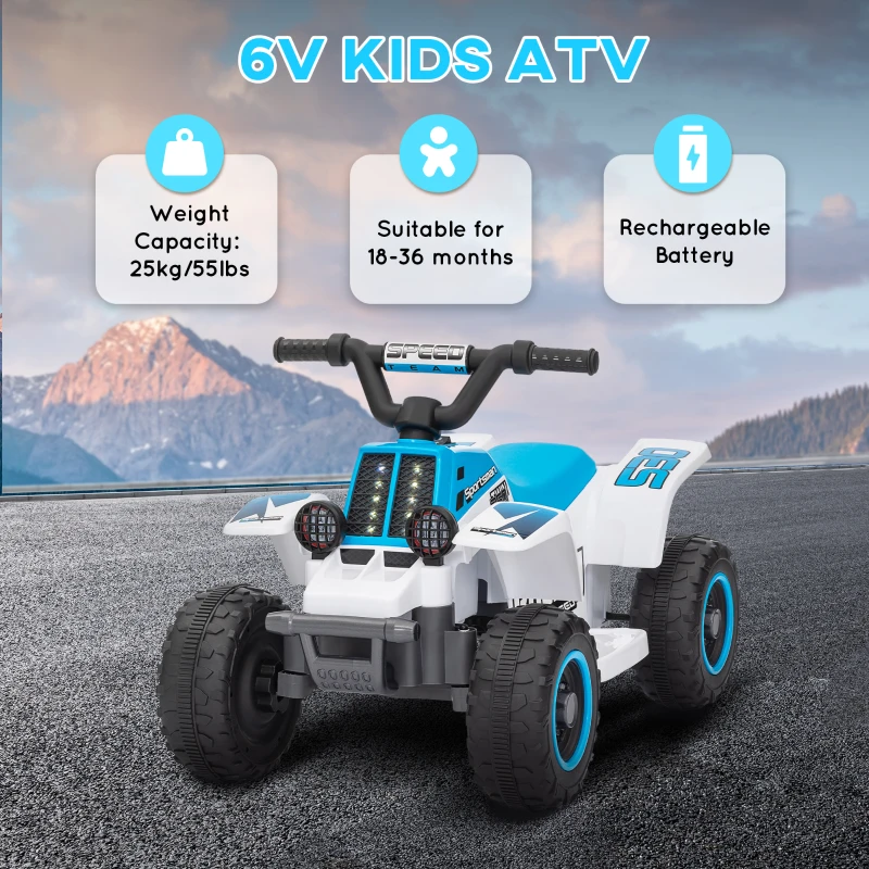 Qaba 6V Kids ATV Quad, 4 Wheeler Battery Powered Electric Ride on Car w/ Lights, Forward Backward, White