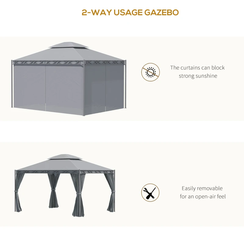 Outsunny 10'x13' Soft-top Patio Gazebo Double-Tiered covered Steel Gazebo with Curtain, Grey