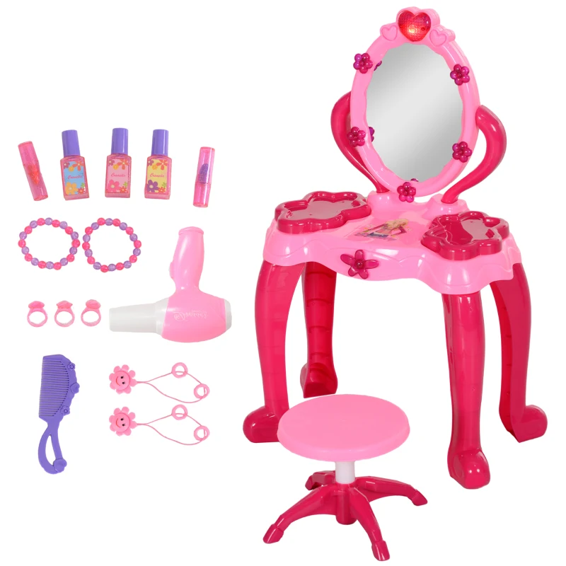 Qaba Kids Vanity Set with Mirror and Stool, Light and Sound, 15 Accessories, Pink